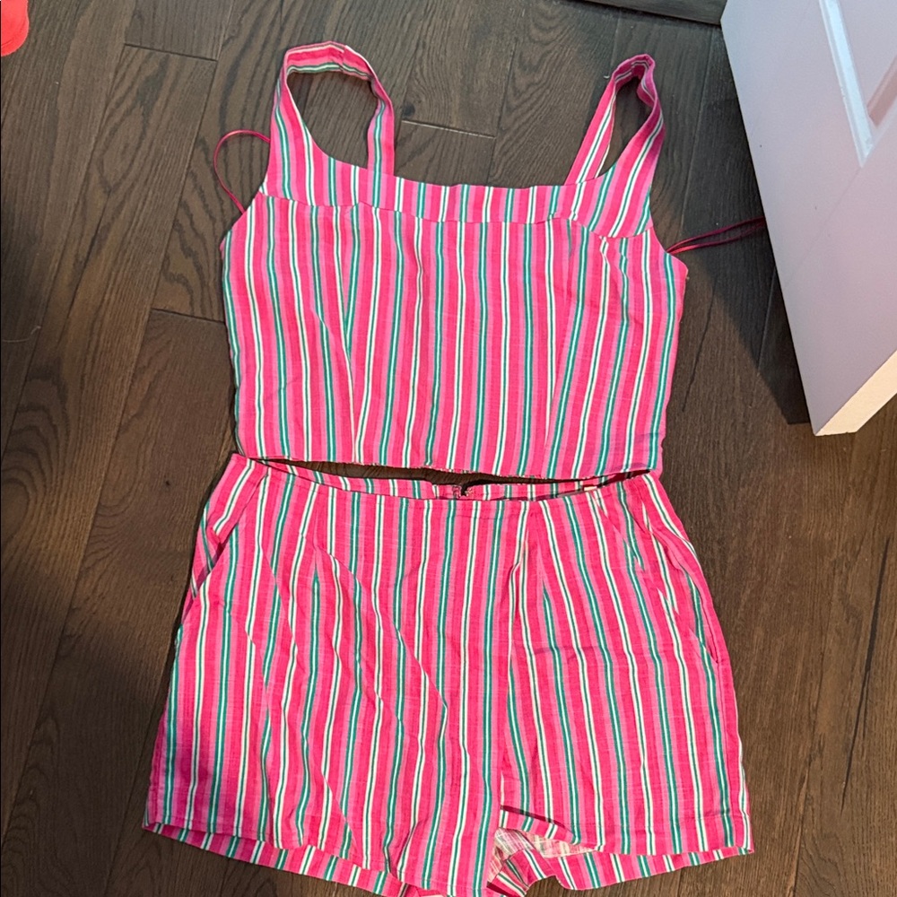 Copper Key Pink and Blue Striped High Waist Shorts Set